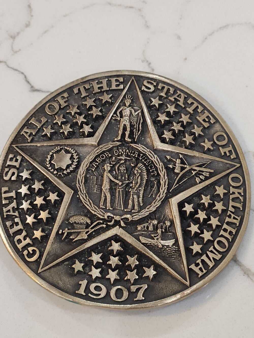 Vintage ADM Oklahoma State Seal Brass Belt Buckle Award Design Medals